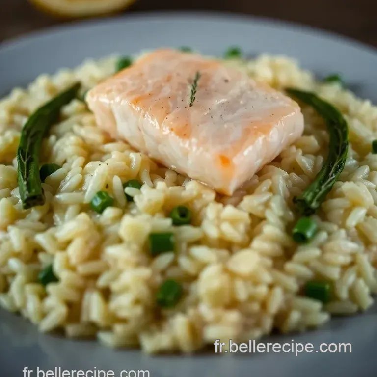 Saumon Tendre Sur Un Risotto Cr&eacute;meux Aux Asperges presentation