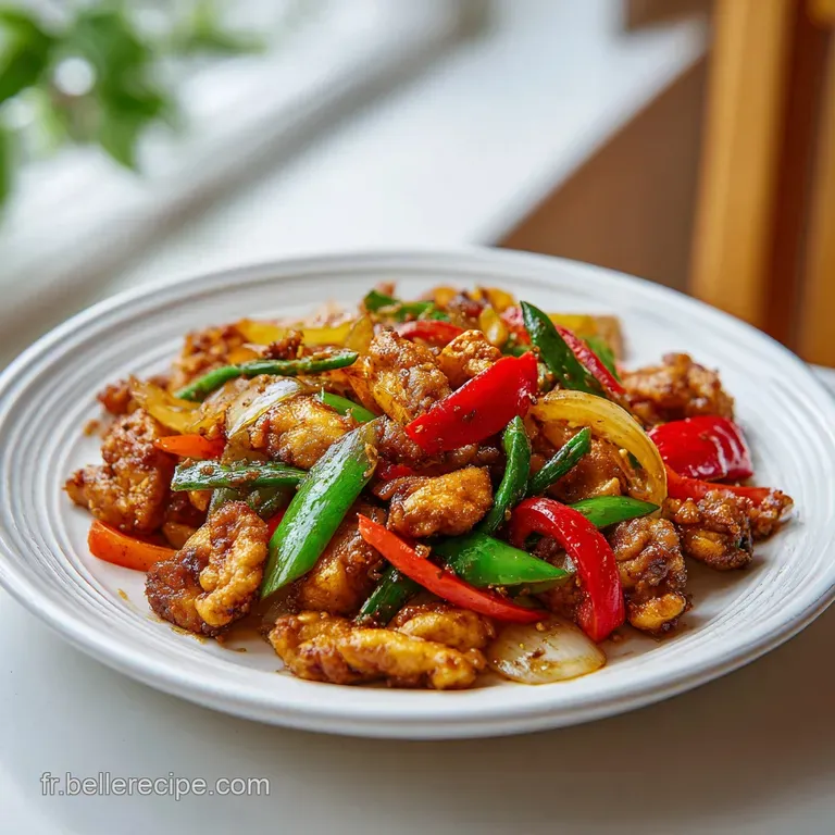 Tender saut&eacute;ed chicken and colorful vegetables artfully arranged on a white plate, garnished with fresh herbs.