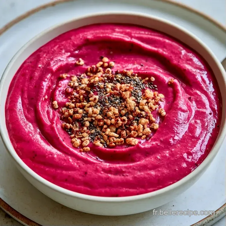 Bol onctueux rose p&acirc;le garni de tranches de banane, de graines croquantes et de fruits rouges dispos&eacute;s avec soin.