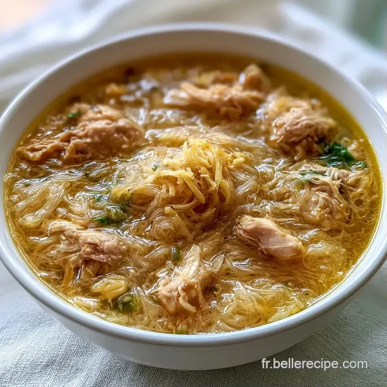 Dans une assiette claire, le bouillon dor&eacute; entoure des lamelles de poulet, des l&eacute;gumes croquants et des herbes vertes.