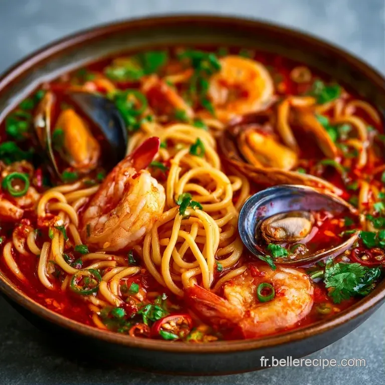 Bol en gr&egrave;s sombre accueillant un bouillon corail vibrant, des fruits de mer tendres et des touches de vert frais.