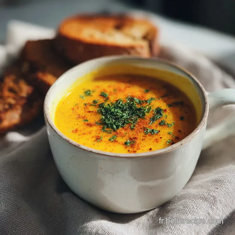 Elegant bowl of creamy, vibrant coral lentil soup. Garnished with fresh parsley sprigs. Steaming, inviting, on a light woo...