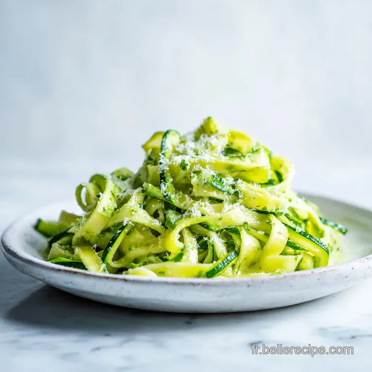 Elegant swirl of tagliatelle with zucchini, parmesan dusting, and vibrant basil leaves, served on a modern, minimalist plate.