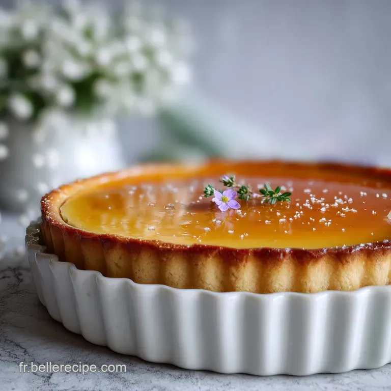 Slice of vanilla custard tart on a white plate. A dusting of powdered sugar and a sprig of mint add an elegant touch.