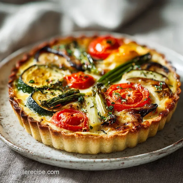 Slice of rustic vegetable tart on a plate; flaky, buttery crust with a colorful mosaic of glistening, tender-crisp vegetab...