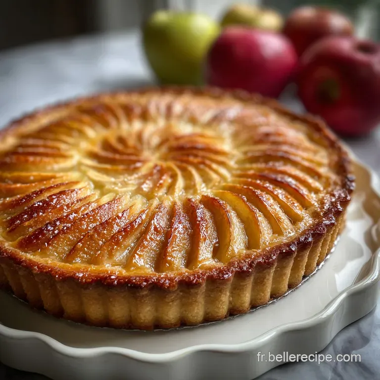 Slice of rustic apple tart on white plate; warm golden hues, sprinkled powdered sugar, inviting and comforting.