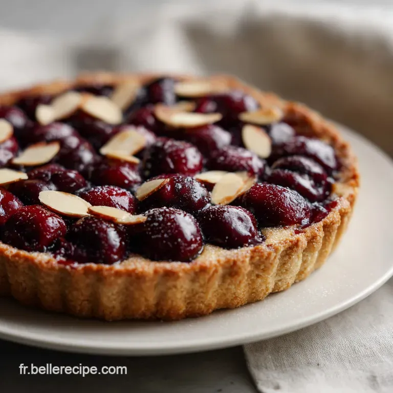 Slice of cherry almond tart on a white plate, powdered sugar dusting, juicy cherries, beside almond slivers; inviting dess...