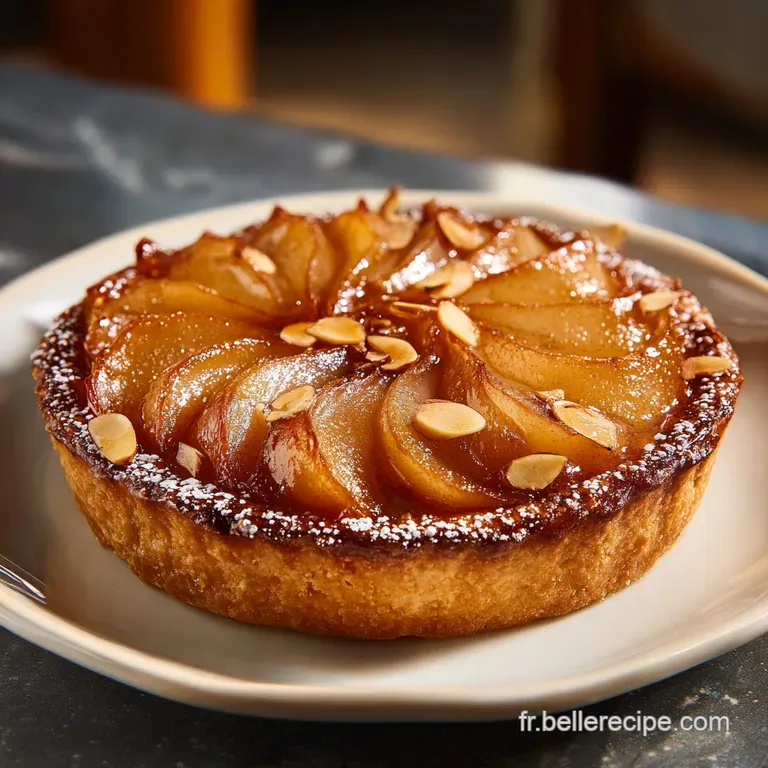 Slice of almond pear tart on a white plate, dusted with powdered sugar. Hints of cinnamon and a flaky, buttery crust.