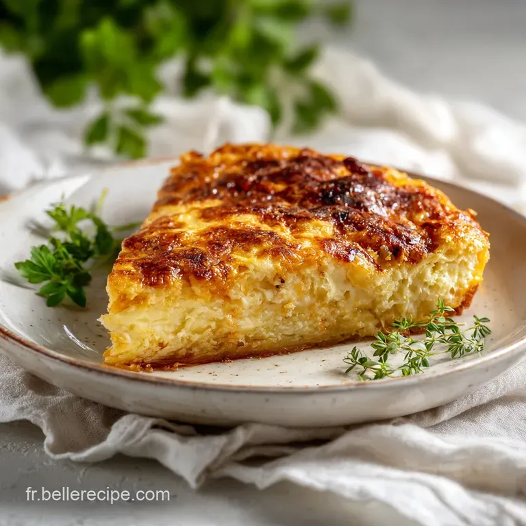 A slice of rich, baked tart with a glistening meat filling, artfully plated.