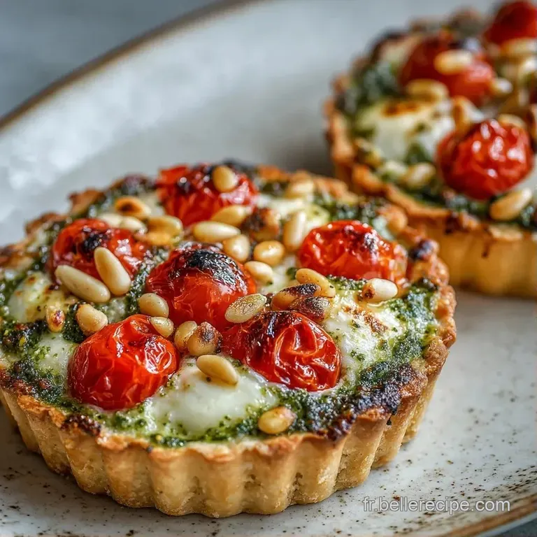 Tartelette color&eacute;e pos&eacute;e sur une assiette blanche minimaliste, agr&eacute;ment&eacute;e de quelques feuilles de basilic frais.