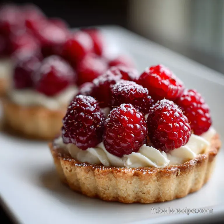 Elegant almond raspberry tartlet on a white plate, sprinkled with powdered sugar, alongside a sprig of fresh mint.