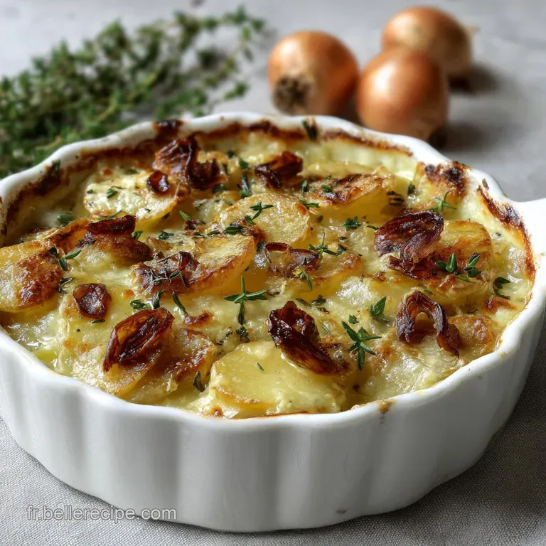 Individual ramekin of tartiflette with melted Reblochon, garnished with fresh thyme; inviting and warm for a cozy meal.