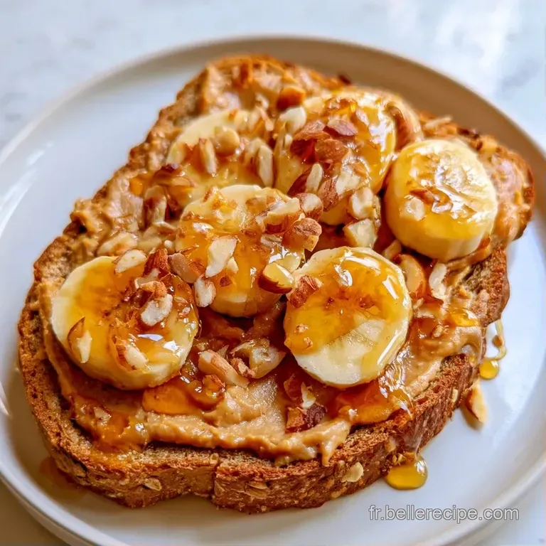 Tartine croustillante d&eacute;pos&eacute;e sur une assiette blanche &eacute;pur&eacute;e, avec un nappage cr&eacute;meux et des &eacute;clats de noisettes.