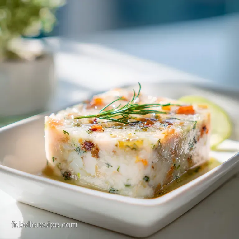 An elegant slice of shimmering fish terrine, adorned with vibrant green dill sprigs, resting on a clean white plate.