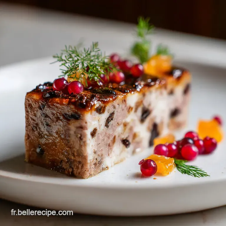 A slice of rich terrine, garnished with cornichons and crusty bread, presented beautifully on a white plate, inviting and ...