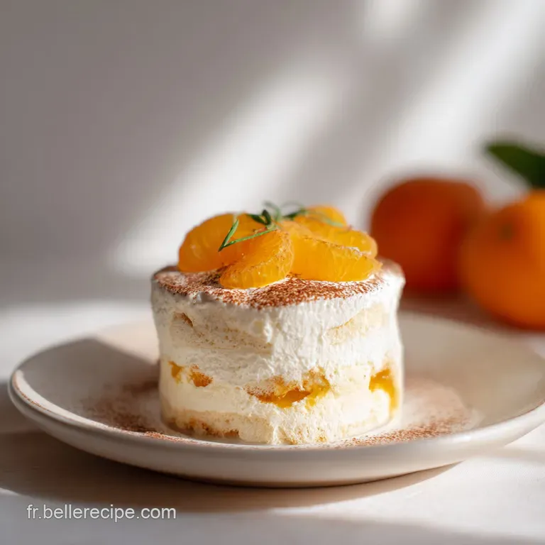 Elegant slice of clementine tiramisu on a white plate, showing the creamy layers, juicy fruit, and cocoa powder dusting.