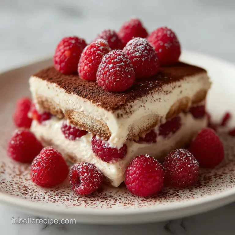 Elegant slice of raspberry tiramisu on a white plate; visible layers of creamy filling, ladyfingers, & juicy berries.
