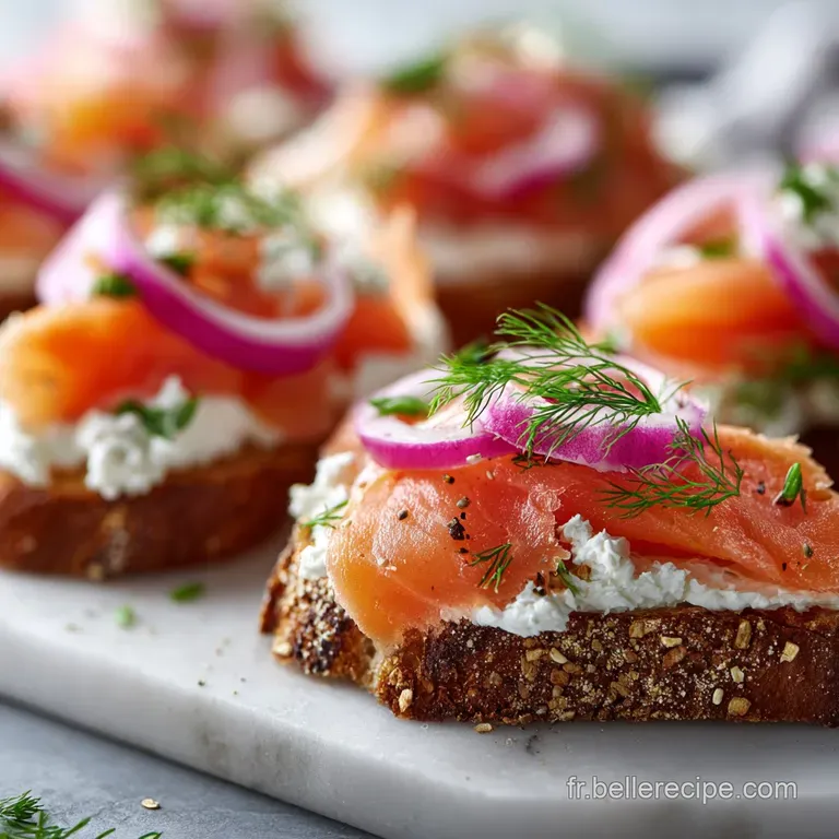 Elegant plate featuring toasted bread slices layered with smoked salmon, lemon, and dill. A fresh, bright, and airy presen...