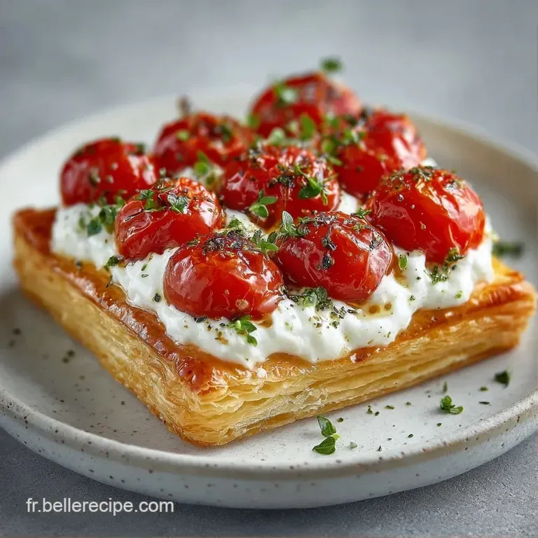 Assiette blanche dress&eacute;e avec des tomates cerises &eacute;clatantes, du fromage frais fondant et des touches de miel brillant.