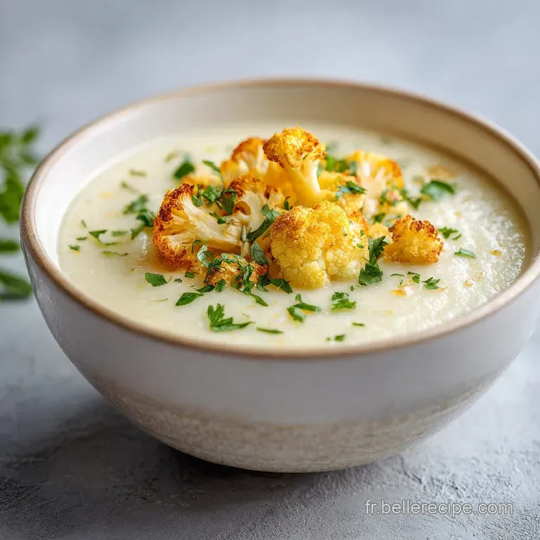 Elegant white bowl holding smooth, ivory cauliflower soup, drizzled with bright green oil and garnished with fresh herbs.