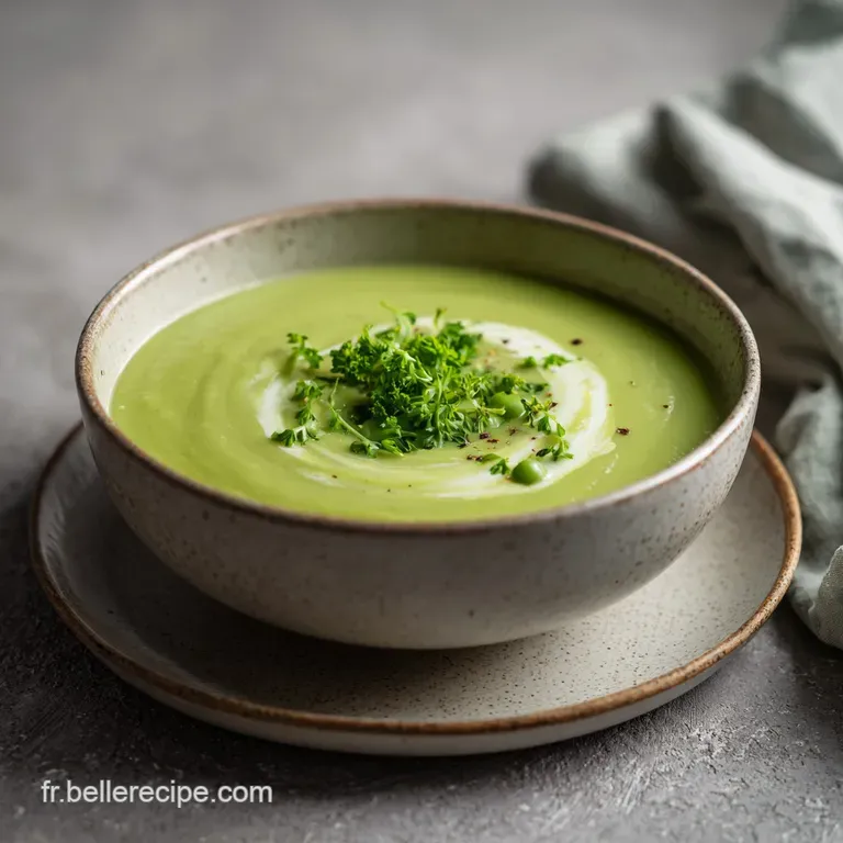 A refined bowl of emerald pea velout&eacute;, topped with a delicate edible flower and a drizzle of olive oil.