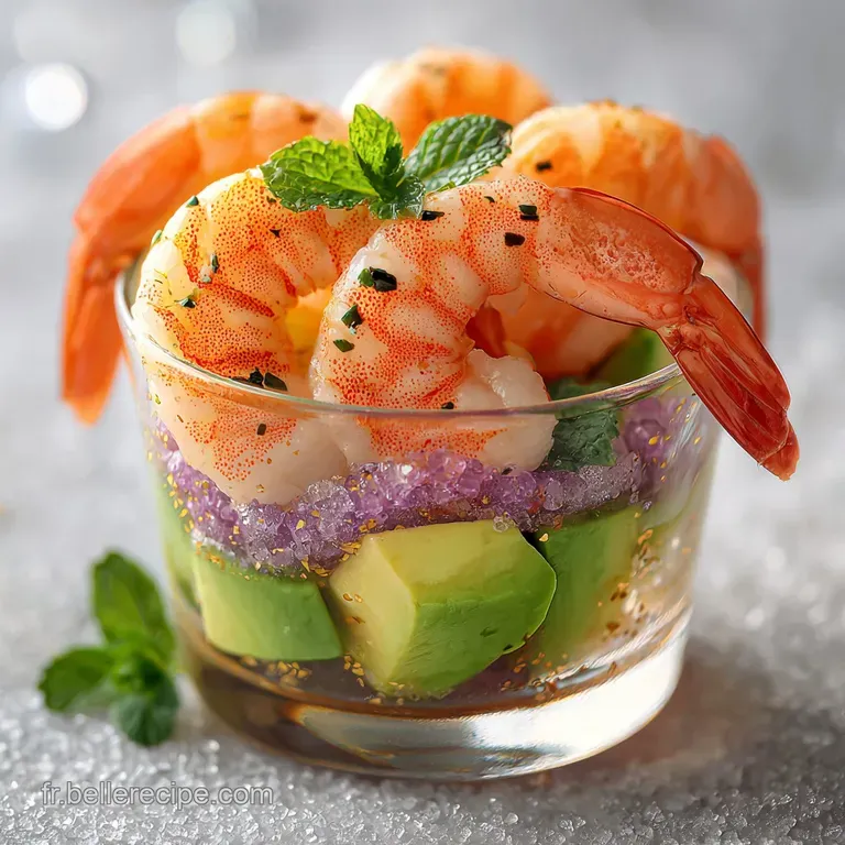 Elegant verrine with vibrant layers of green avocado mousse and pink shrimp. Garnished with fresh herbs in a glass.
