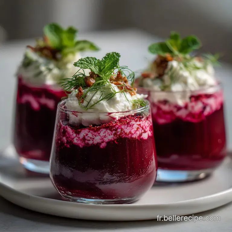 Elegant verrine: Layers of deep magenta beets, airy white mousse, and earthy walnuts create a visually stunning, tasty des...
