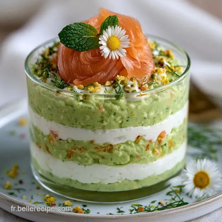 Verrine transparente r&eacute;v&eacute;lant un contraste vif entre avocat onctueux et saumon fondant, pos&eacute;e sur un linge blanc.