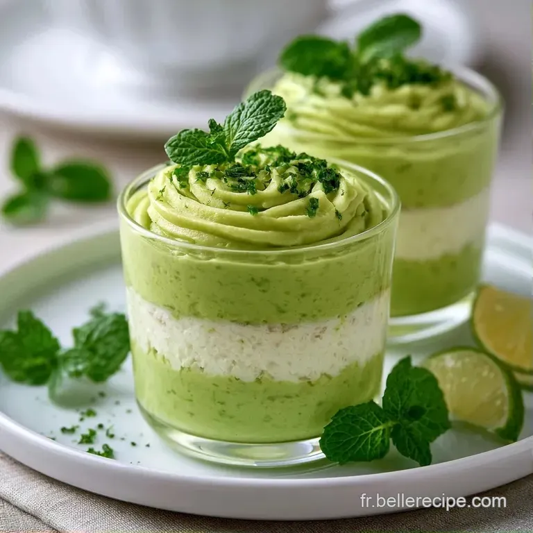 Verrine translucide r&eacute;v&eacute;lant des strates vert tendre et beige cr&egrave;me, pos&eacute;e sur un linge blanc sous un &eacute;clairage doux.