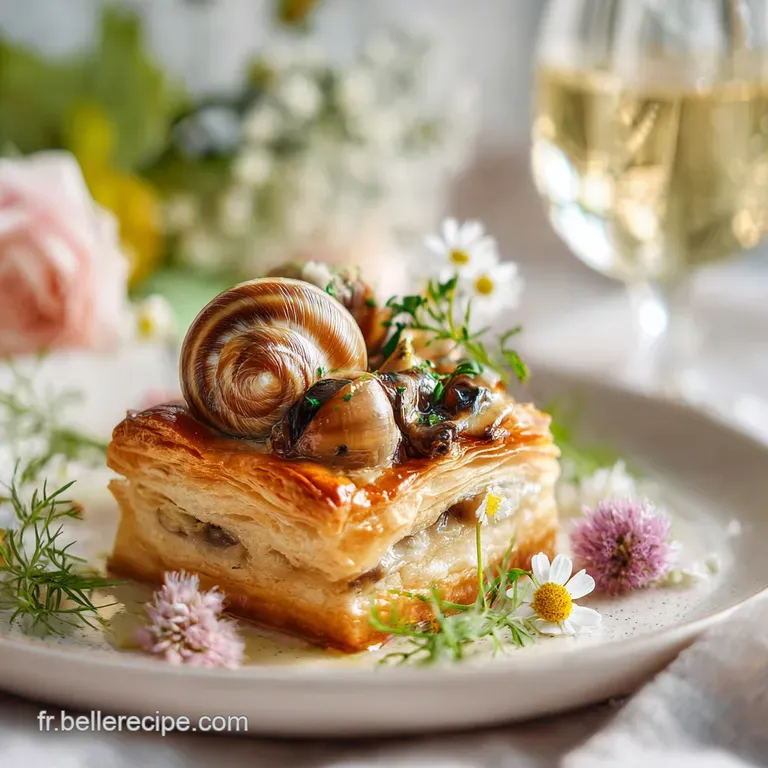 A single vol-au-vent filled with plump snails and sauce sits on a white plate, garnished with parsley and a lemon wedge.
