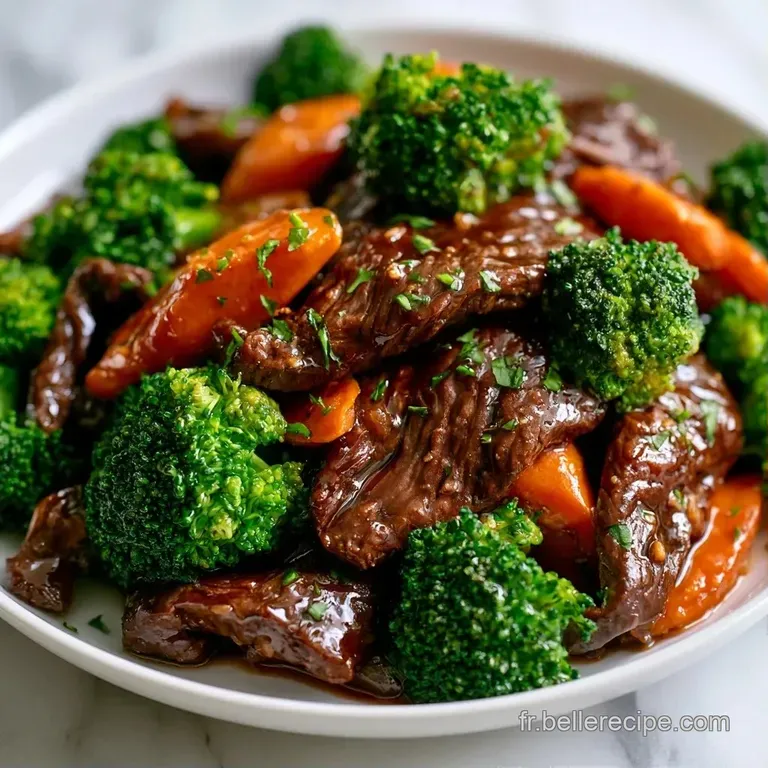 Mise en sc&egrave;ne soign&eacute;e de viande fondante et l&eacute;gumes croquants, napp&eacute;s d'un gla&ccedil;age sombre et brillant sur un plat blanc.