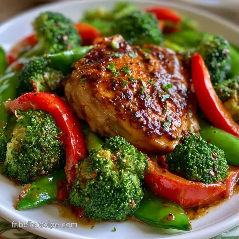 Montage &eacute;l&eacute;gant dans une assiette blanche : morceaux de poulet tendres et l&eacute;gumes croquants, parsem&eacute;s de graines de s&eacute;same.